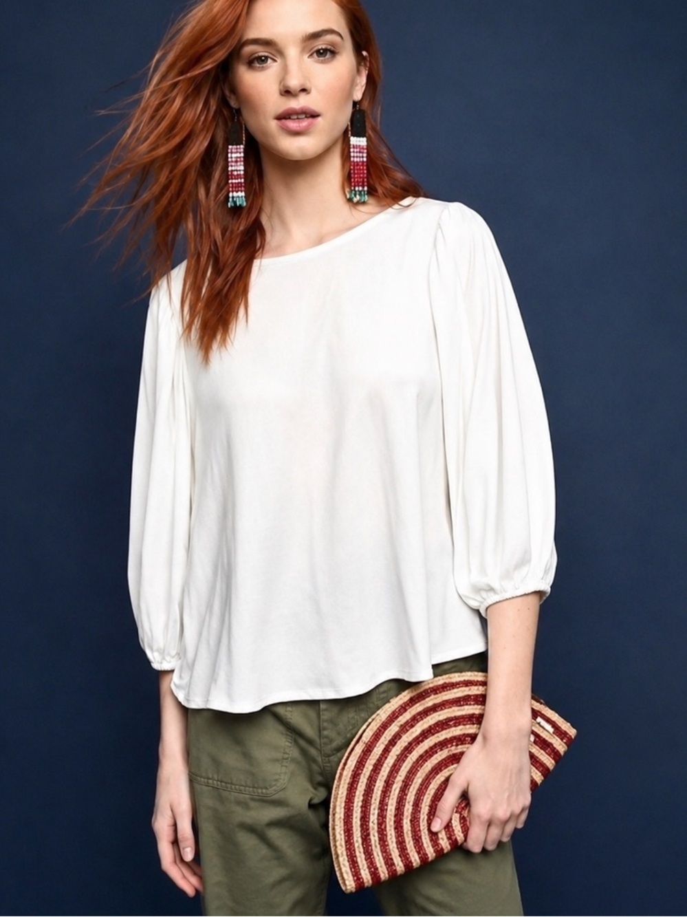 Anthropologie Eri + Ali White Puff Sleeve Cotton Top Modern Feminine Size XS
